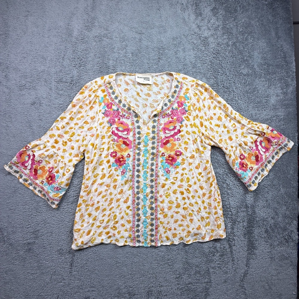 Savanna Jane Embroidered Floral Tunic Top Boho Blouse Womens L Leopard Print